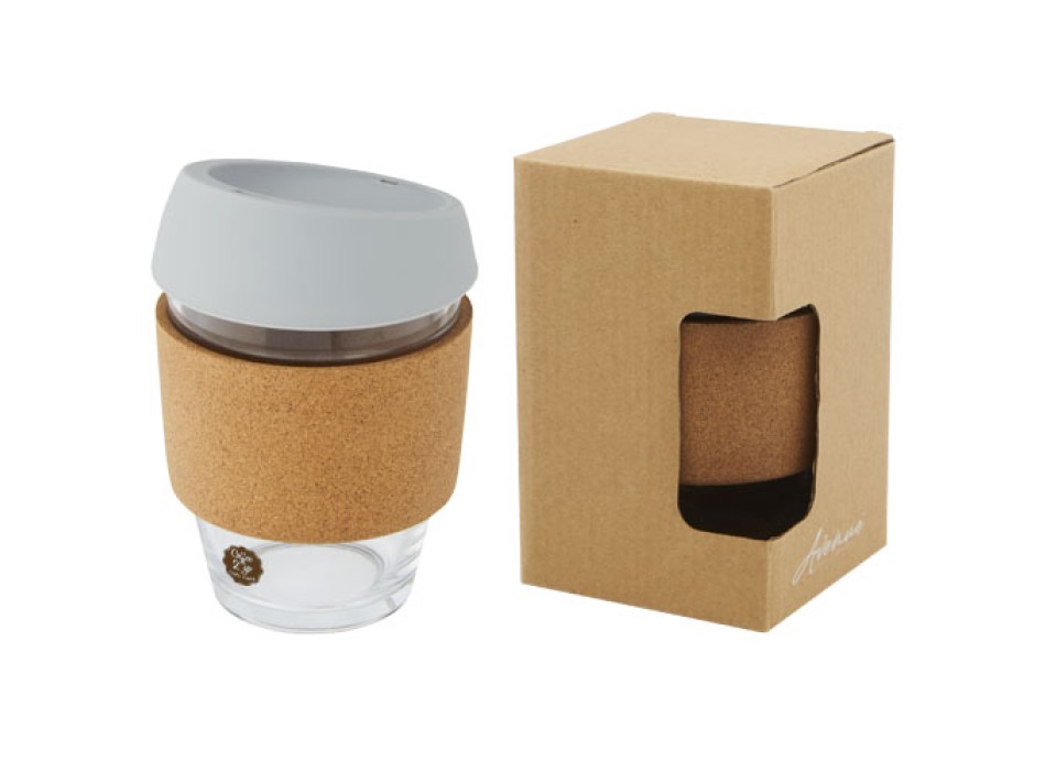 Bicchiere da 360 ml in vetro borosilicato con impugnatura in sughero e coperchio in silicone Lidan