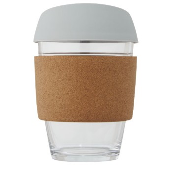 Bicchiere da 360 ml in vetro borosilicato con impugnatura in sughero e coperchio in silicone Lidan