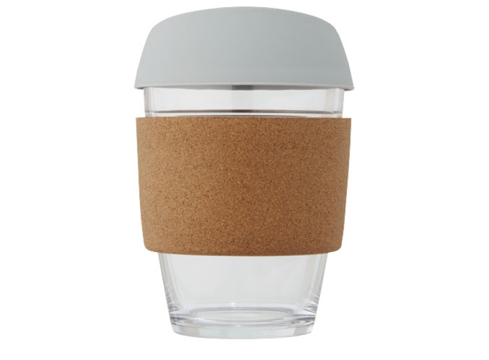 Bicchiere da 360 ml in vetro borosilicato con impugnatura in sughero e coperchio in silicone Lidan