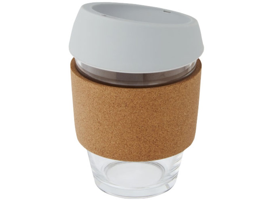 Bicchiere da 360 ml in vetro borosilicato con impugnatura in sughero e coperchio in silicone Lidan