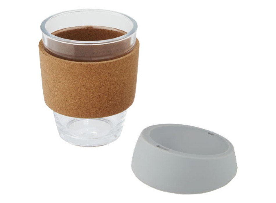 Bicchiere da 360 ml in vetro borosilicato con impugnatura in sughero e coperchio in silicone Lidan