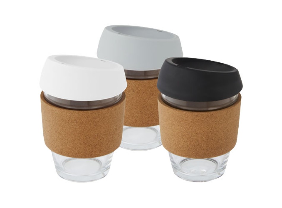 Bicchiere da 360 ml in vetro borosilicato con impugnatura in sughero e coperchio in silicone Lidan