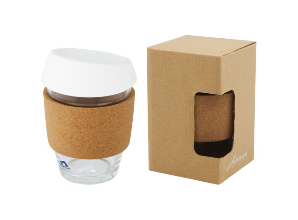 Bicchiere da 360 ml in vetro borosilicato con impugnatura in sughero e coperchio in silicone Lidan