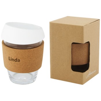 Bicchiere da 360 ml in vetro borosilicato con impugnatura in sughero e coperchio in silicone Lidan