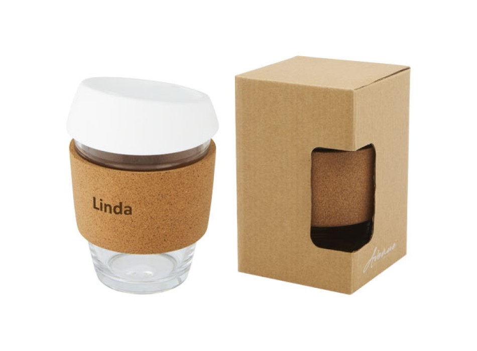 Bicchiere da 360 ml in vetro borosilicato con impugnatura in sughero e coperchio in silicone Lidan