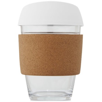 Bicchiere da 360 ml in vetro borosilicato con impugnatura in sughero e coperchio in silicone Lidan