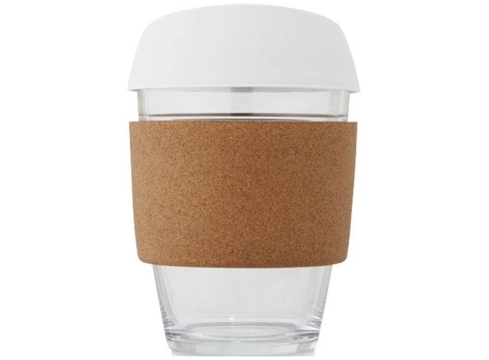Bicchiere da 360 ml in vetro borosilicato con impugnatura in sughero e coperchio in silicone Lidan