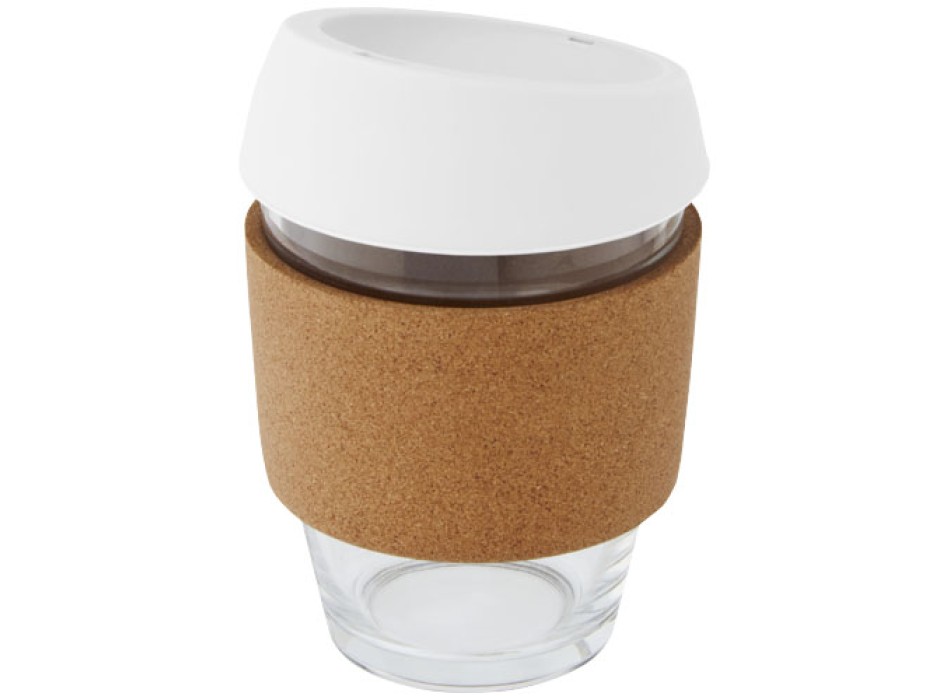 Bicchiere da 360 ml in vetro borosilicato con impugnatura in sughero e coperchio in silicone Lidan