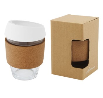 Bicchiere da 360 ml in vetro borosilicato con impugnatura in sughero e coperchio in silicone Lidan