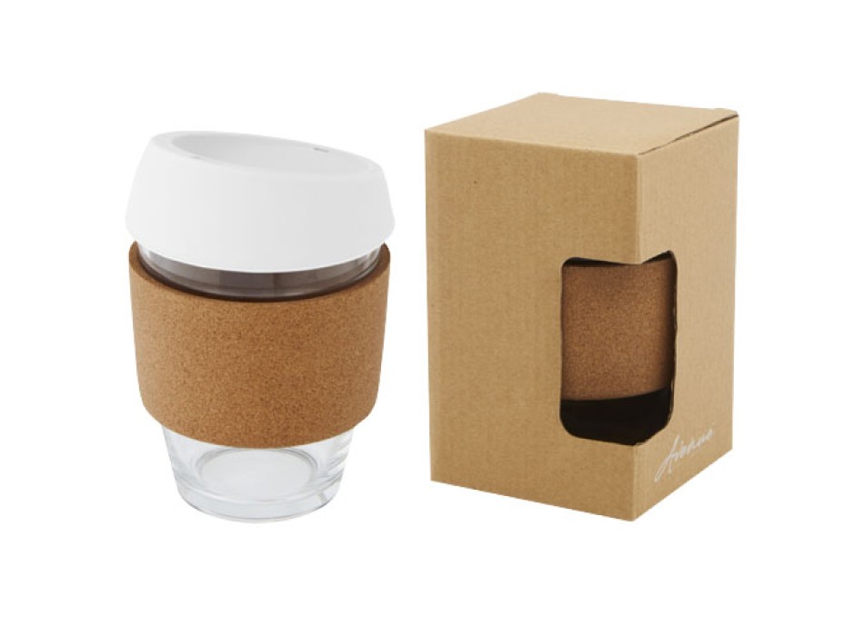 Bicchiere da 360 ml in vetro borosilicato con impugnatura in sughero e coperchio in silicone Lidan