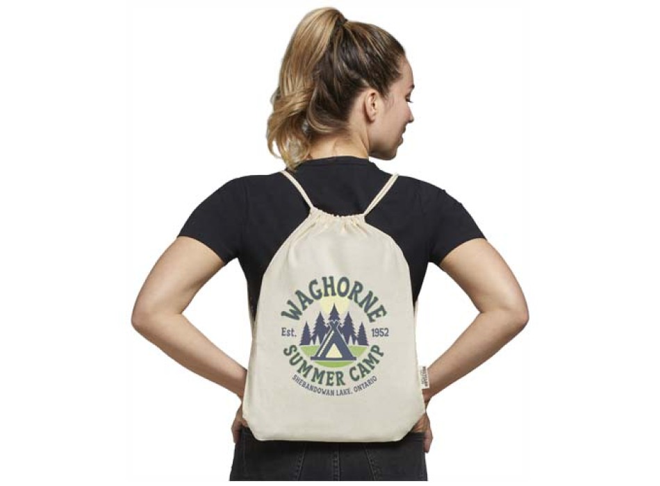 Borsa con cordoncino in cotone riciclato certificato GRS da 140 g/m² Oregon