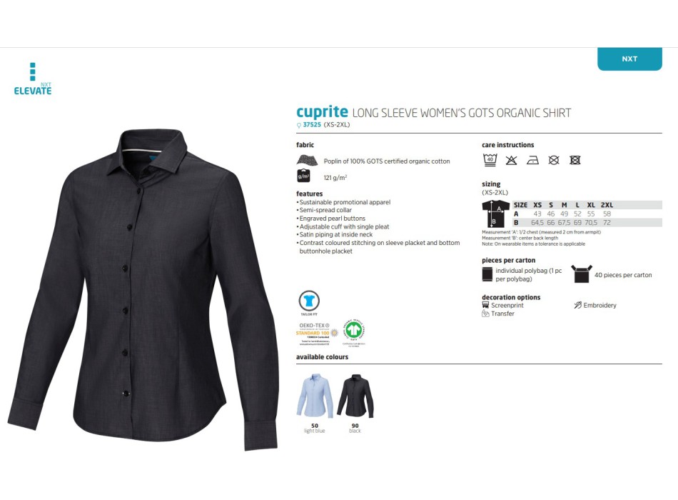 Camicia a maniche lunghe da donna in tessuto biologico certificato GOTS Cuprite