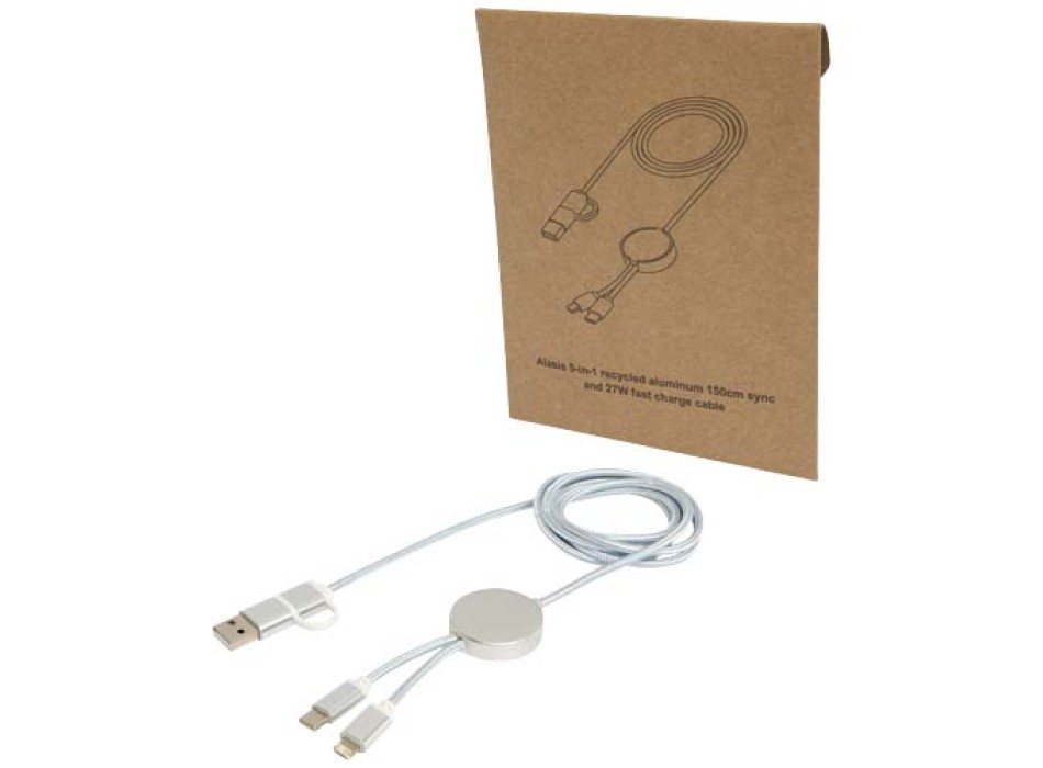 Cavo 5-in-1 in alluminio e plastica riciclata da 150 cm per la sincronizzazione dei dati e la ricarica rapida da 27 W Alasia