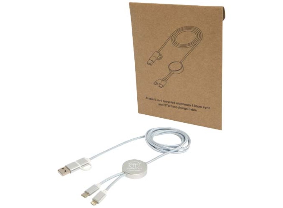 Cavo 5-in-1 in alluminio e plastica riciclata da 150 cm per la sincronizzazione dei dati e la ricarica rapida da 27 W Alasia