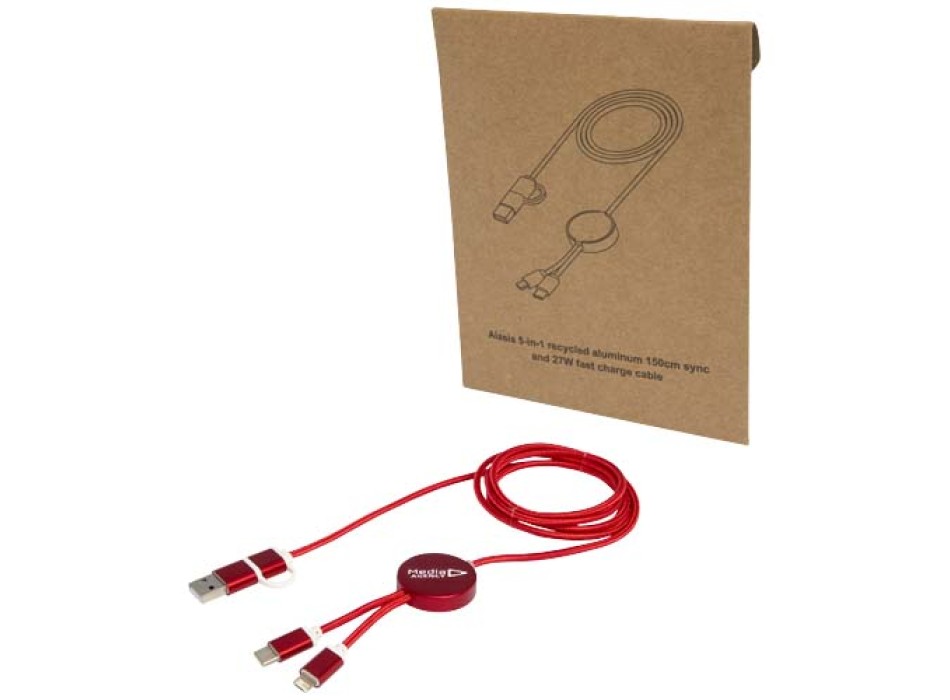 Cavo 5-in-1 in alluminio e plastica riciclata da 150 cm per la sincronizzazione dei dati e la ricarica rapida da 27 W Alasia