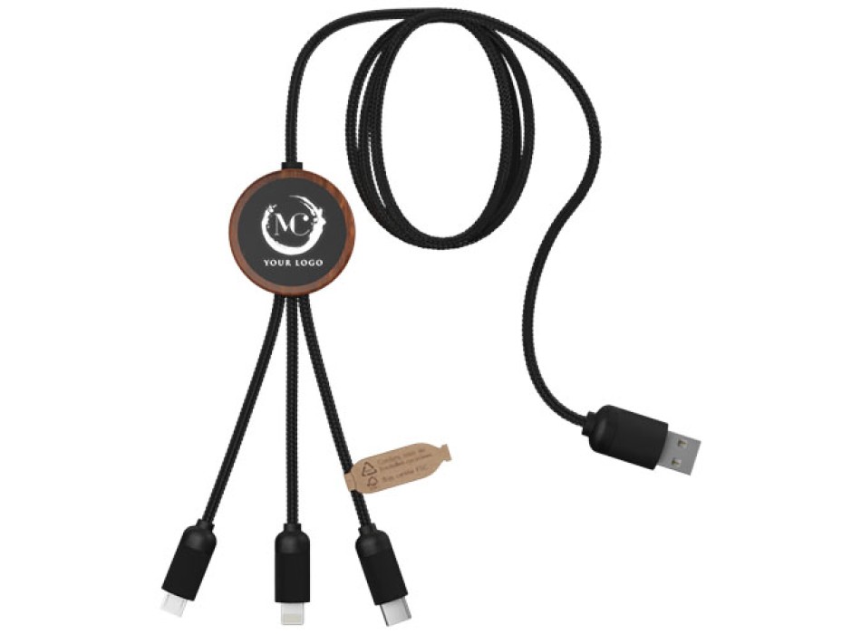 Cavo di ricarica 3 in 1 in PET riciclato con logo luminoso e custodia rotonda in bambù SCX.design C36