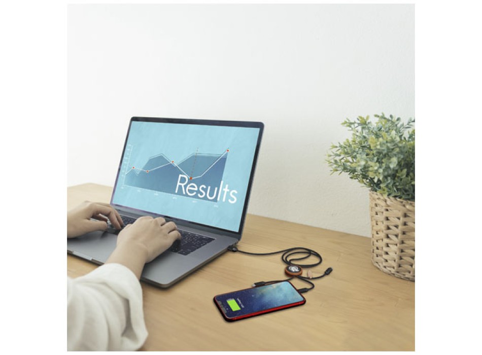 Cavo di ricarica 3 in 1 in PET riciclato con logo luminoso e custodia rotonda in bambù SCX.design C36