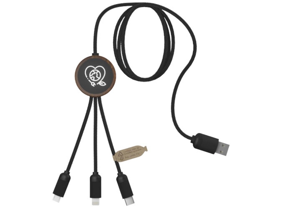 Cavo di ricarica 3 in 1 in PET riciclato con logo luminoso e custodia rotonda in bambù SCX.design C36