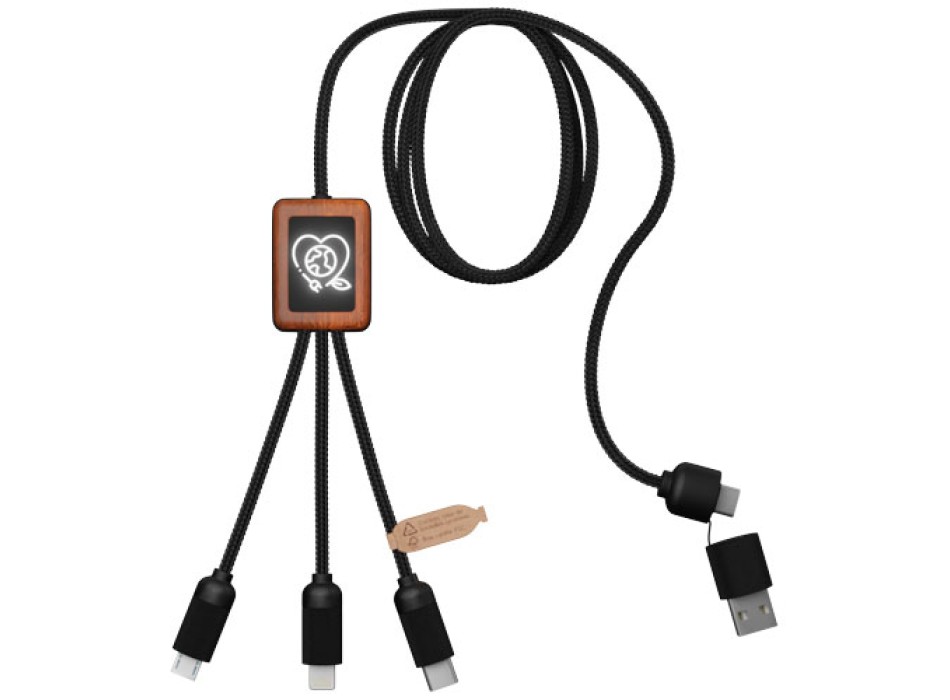 Cavo di ricarica 5 in 1 in rPET riciclato con logo luminoso e custodia quadrata in legno SCX.design C38