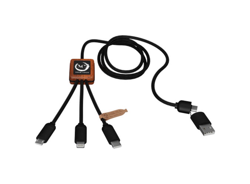 Cavo di ricarica 5 in 1 in rPET riciclato con logo luminoso e custodia quadrata in legno SCX.design C38