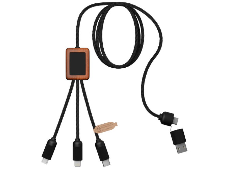 Cavo di ricarica 5 in 1 in rPET riciclato con logo luminoso e custodia quadrata in legno SCX.design C38