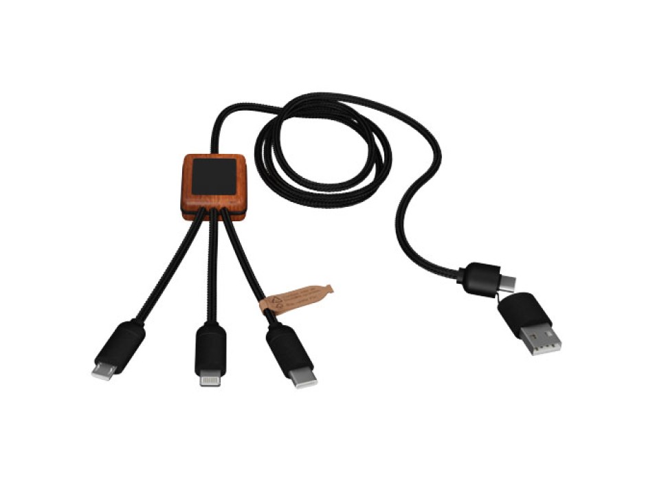 Cavo di ricarica 5 in 1 in rPET riciclato con logo luminoso e custodia quadrata in legno SCX.design C38