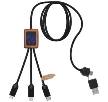 Cavo di ricarica 5 in 1 in rPET riciclato con logo luminoso e custodia quadrata in legno SCX.design C38