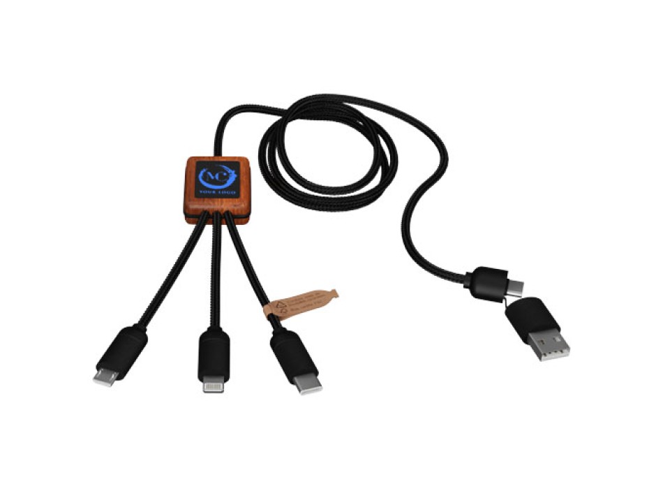 Cavo di ricarica 5 in 1 in rPET riciclato con logo luminoso e custodia quadrata in legno SCX.design C38