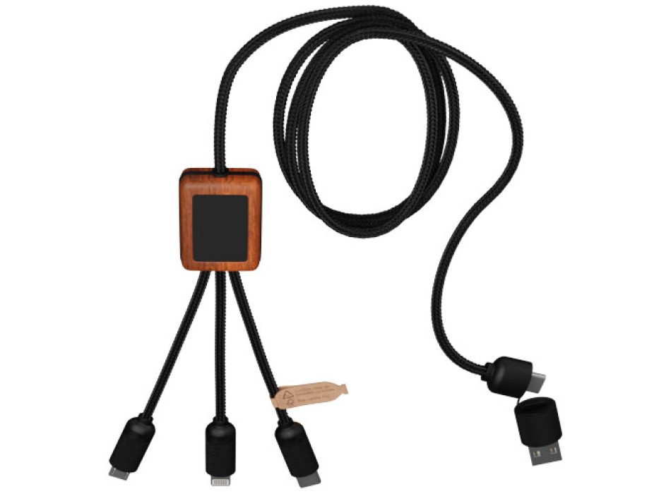 Cavo di ricarica 5 in 1 in rPET riciclato con logo luminoso e custodia quadrata in legno SCX.design C38