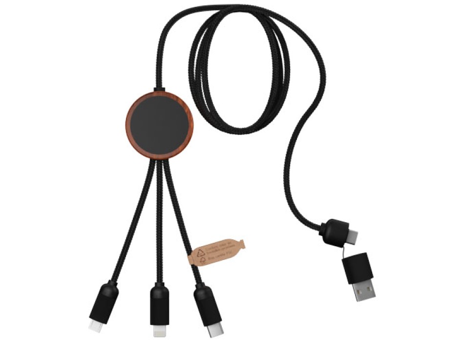 Cavo di ricarica 5 in 1 in rPET riciclato con logo luminoso e custodia rotonda in legno SCX.design C37