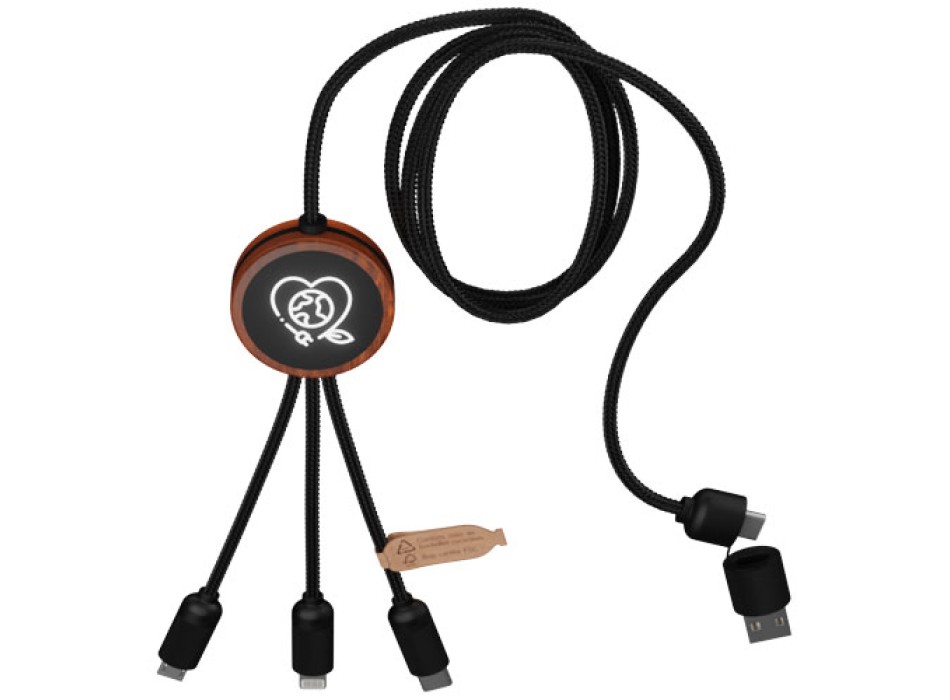 Cavo di ricarica 5 in 1 in rPET riciclato con logo luminoso e custodia rotonda in legno SCX.design C37