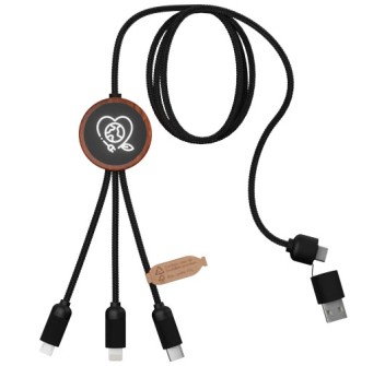 Cavo di ricarica 5 in 1 in rPET riciclato con logo luminoso e custodia rotonda in legno SCX.design C37