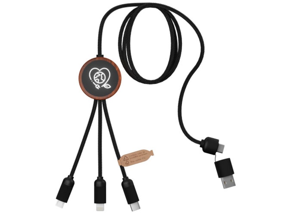 Cavo di ricarica 5 in 1 in rPET riciclato con logo luminoso e custodia rotonda in legno SCX.design C37