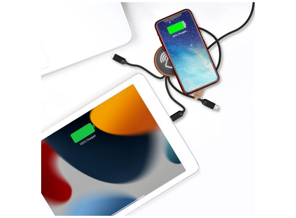 Cavo di ricarica 5 in 1 in rPET riciclato con logo luminoso e stazione di ricarica da 10 W SCX.design C40