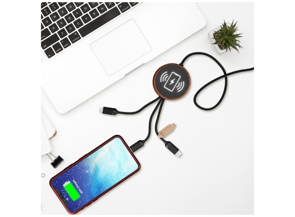 Cavo di ricarica 5 in 1 in rPET riciclato con logo luminoso e stazione di ricarica da 10 W SCX.design C40