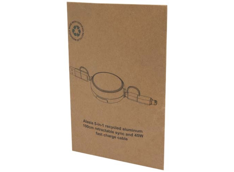 Cavo retrattile 5 in 1 da 100 cm in plastica riciclata e alluminio per la sincronizzazione dei dati e la ricarica rapida da 45 W Alasia