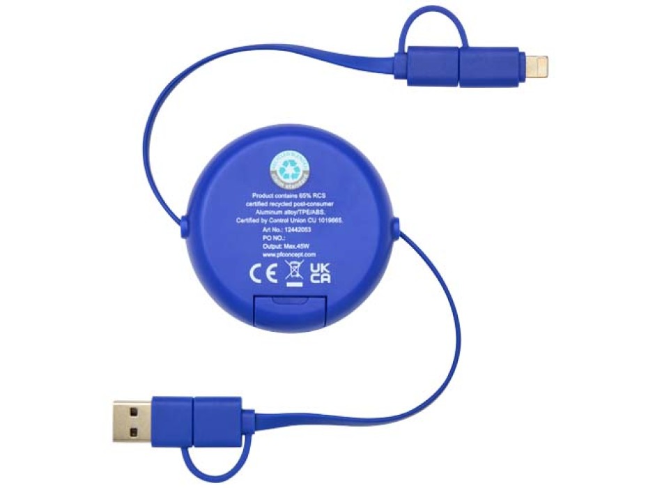 Cavo retrattile 5 in 1 da 100 cm in plastica riciclata e alluminio per la sincronizzazione dei dati e la ricarica rapida da 45 W Alasia