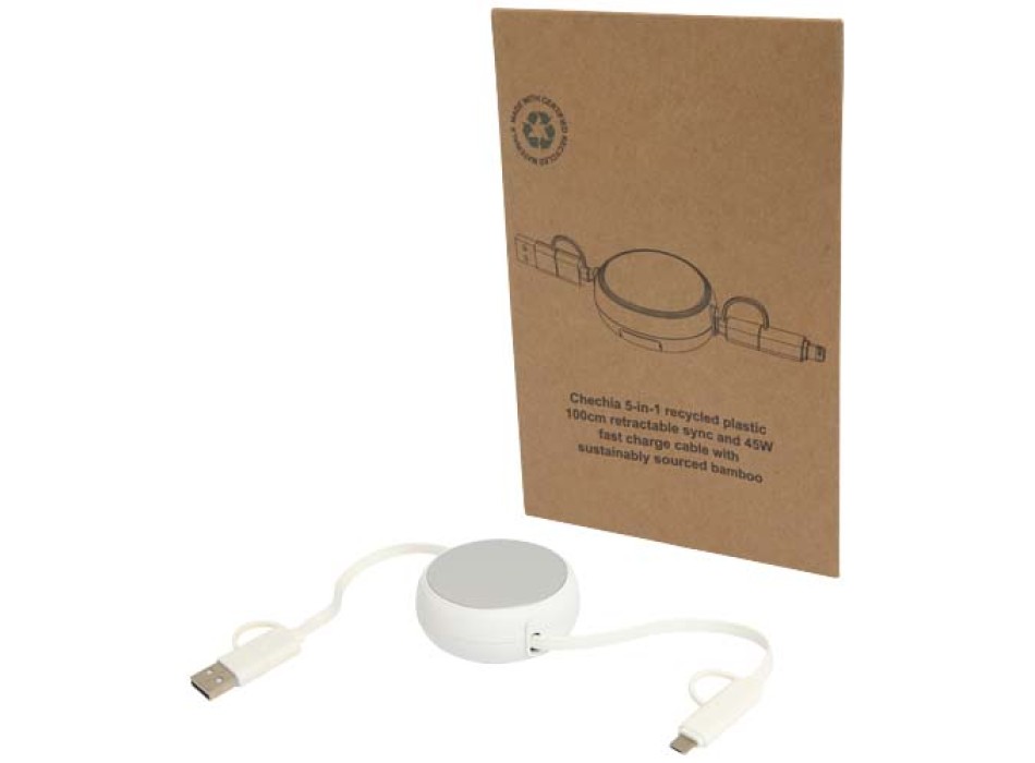 Cavo retrattile 5 in 1 da 100 cm in plastica riciclata e alluminio per la sincronizzazione dei dati e la ricarica rapida da 45 W Alasia