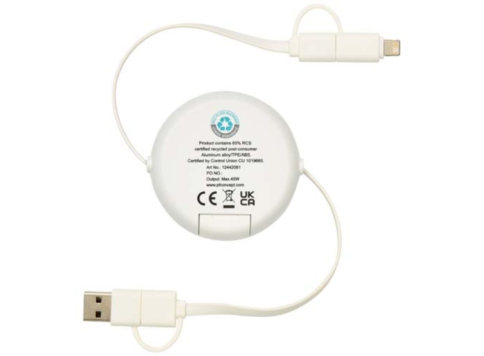 Cavo retrattile 5 in 1 da 100 cm in plastica riciclata e alluminio per la sincronizzazione dei dati e la ricarica rapida da 45 W Alasia