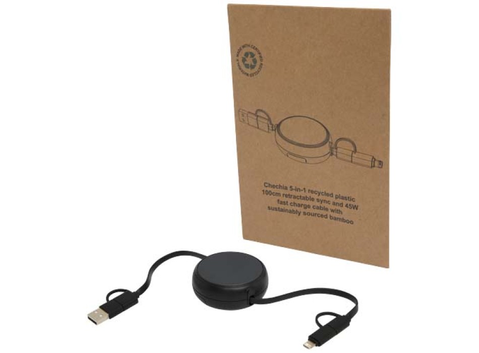 Cavo retrattile 5 in 1 da 100 cm in plastica riciclata e alluminio per la sincronizzazione dei dati e la ricarica rapida da 45 W Alasia