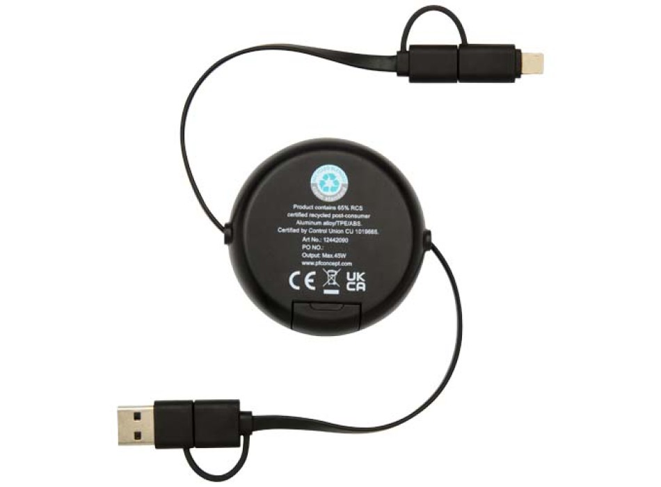 Cavo retrattile 5 in 1 da 100 cm in plastica riciclata e alluminio per la sincronizzazione dei dati e la ricarica rapida da 45 W Alasia