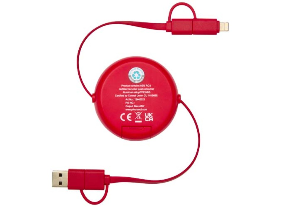 Cavo retrattile 5 in 1 da 100 cm in plastica riciclata e alluminio per la sincronizzazione dei dati e la ricarica rapida da 45 W Alasia