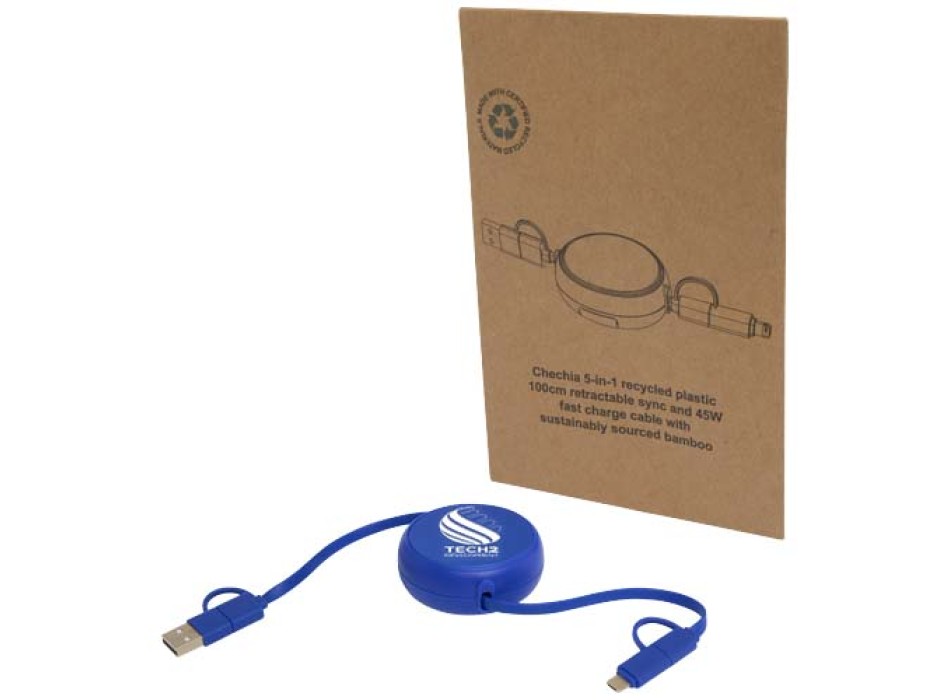 Cavo retrattile 5 in 1 da 100 cm in plastica riciclata e alluminio per la sincronizzazione dei dati e la ricarica rapida da 45 W Alasia