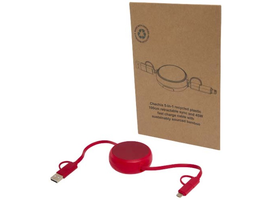 Cavo retrattile 5 in 1 da 100 cm in plastica riciclata e alluminio per la sincronizzazione dei dati e la ricarica rapida da 45 W Alasia