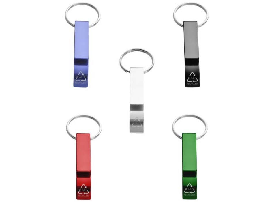 Portachiavi con apribottiglie e apriscatole in alluminio riciclato RCS Tao 