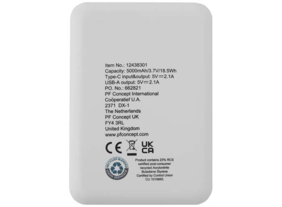 Power bank da 5000 mAh di Tipo C in plastica riciclata Asama