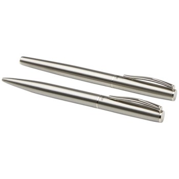 Set con penna a sfera e penna roller in acciaio inossidabile riciclato Didimis (inchiostro nero)