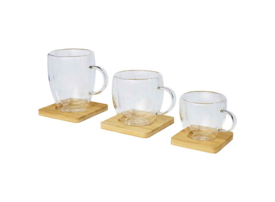 Set di 2 tazze in vetro a doppia parete da 100 ml con sottobicchiere in bambù Manti 