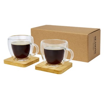 Set di 2 tazze in vetro a doppia parete da 100 ml con sottobicchiere in bambù Manti 