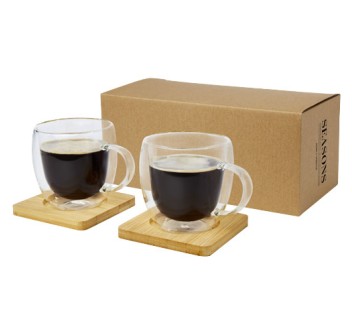 Set di 2 tazze in vetro a doppia parete da 250 ml con sottobicchiere in bambù Manti 